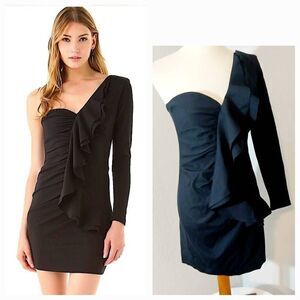 Parker Black Ruched Asymmetrical Long Sleeve Dress Size Large